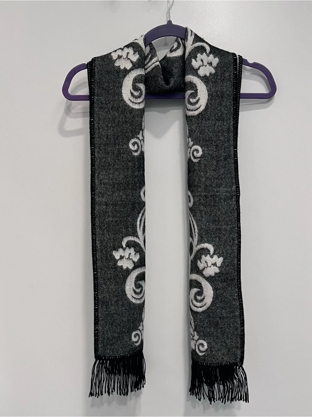 Inca's Alpaca Jaquard Scarf Elegant Black and White‎ Swirl Fringe Scarf Floral